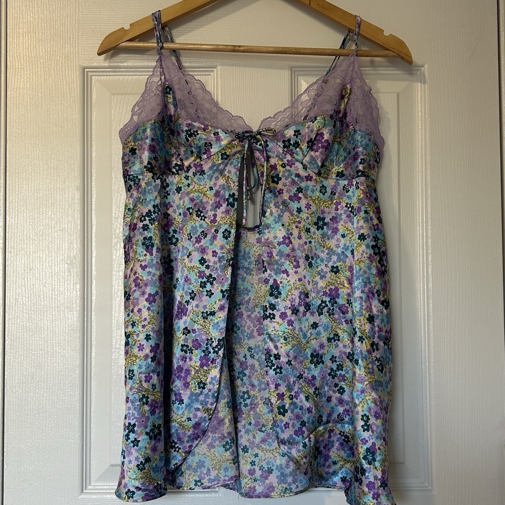 Secret Treasures Open Tie Front Floral Print Purple Lace Lingerie Camisole Dress